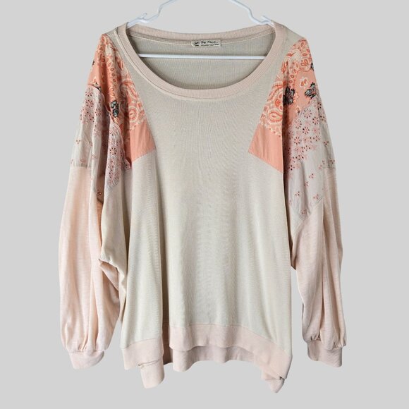Free People Tops - We The Free Patchwork Boho Shirt Lg Light Pink Oversized Relaxed Long Sleeve Top